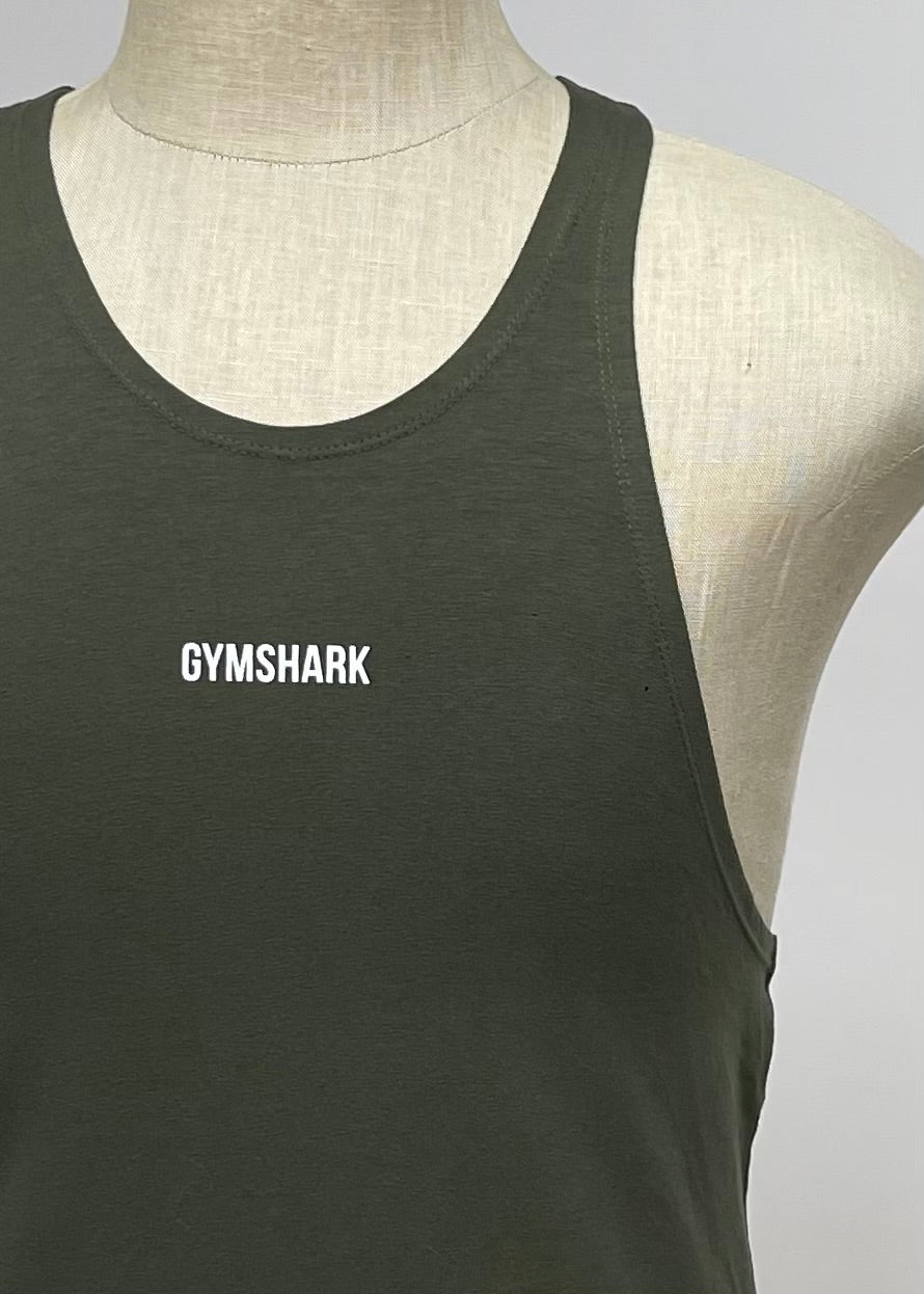 Camiseta de entrenamiento sin mangas Gymshark 🏋🏽 color verde olivo y logo en blanco Talla S