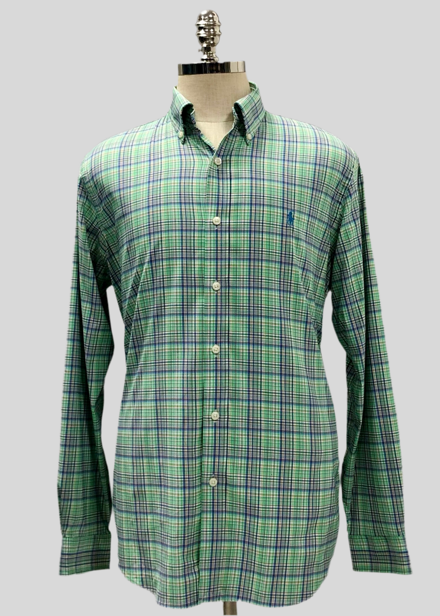 Camisa Polo Ralph Lauren 🏇🏼 con patrón de cuadros verde, azul y blanco Talla L Entalle Regular