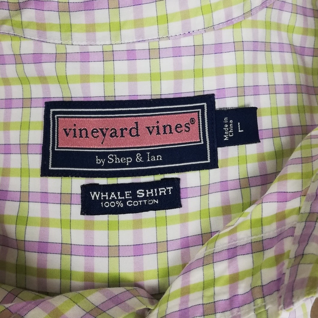 Camisa de botones Vineyard Vines 🐳 colon patrón de cuadros en color verde claro, morado y blanco Talla XL Entalle Regular