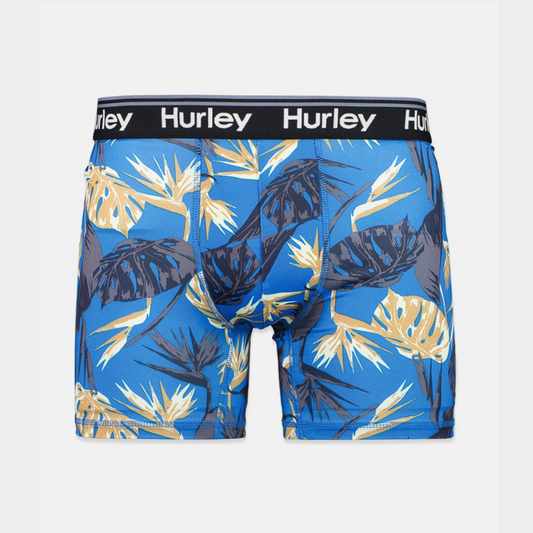 Boxers Briefs Hurley 🏄🏽‍♂️ Tela Performance Color azul con diseño floral en color Negro y amarillo Talla L