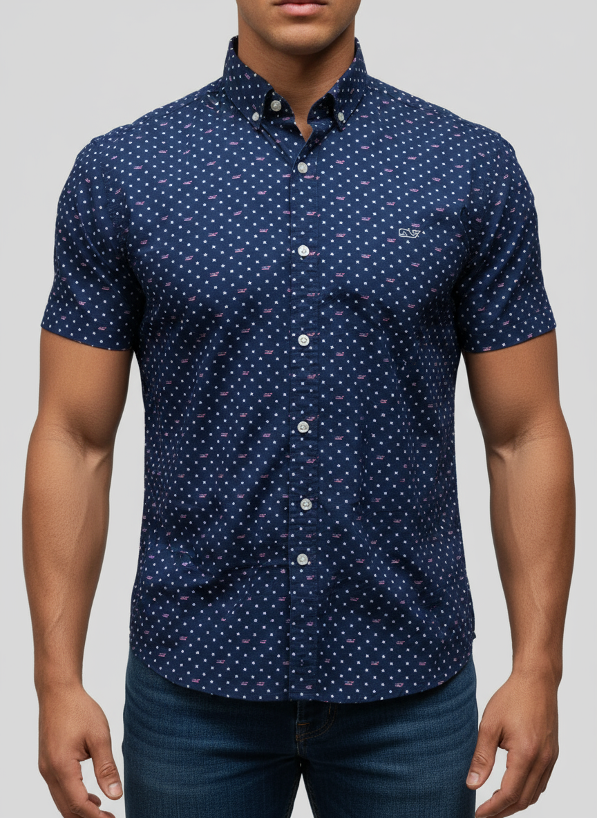 Camisa de botones Vineyard Vines 🐳 color azul navy con diseño de estrellas y banderas Talla M Entalle Slim Fit
