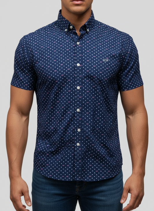 Camisa de botones Vineyard Vines 🐳 color azul navy con diseño de estrellas y banderas Talla M Entalle Slim Fit