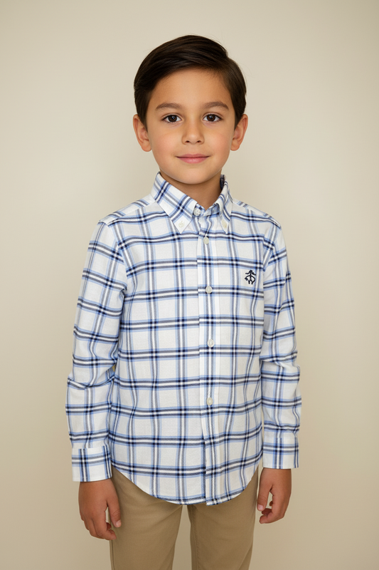Camisa de niño Brooks Brothers 🐑 color blanco con patrón de cuadros celeste y azul oscuro Talla XS (4-6) Entalle Regular