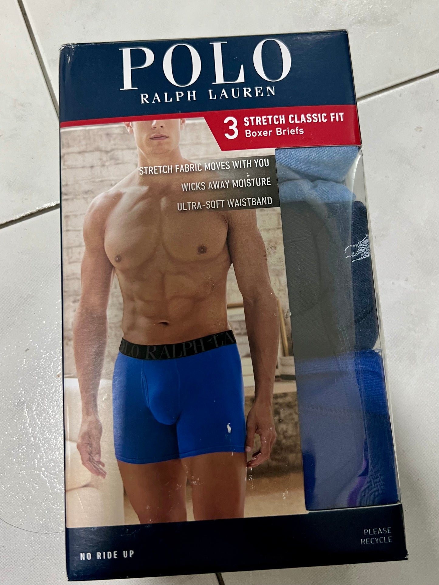 Paquete de 3 Boxer Briefs Polo Ralph Lauren 🏇🏼 Classic Fit Tela algodón stretch color azul, celeste y con diseño de logo Talla S