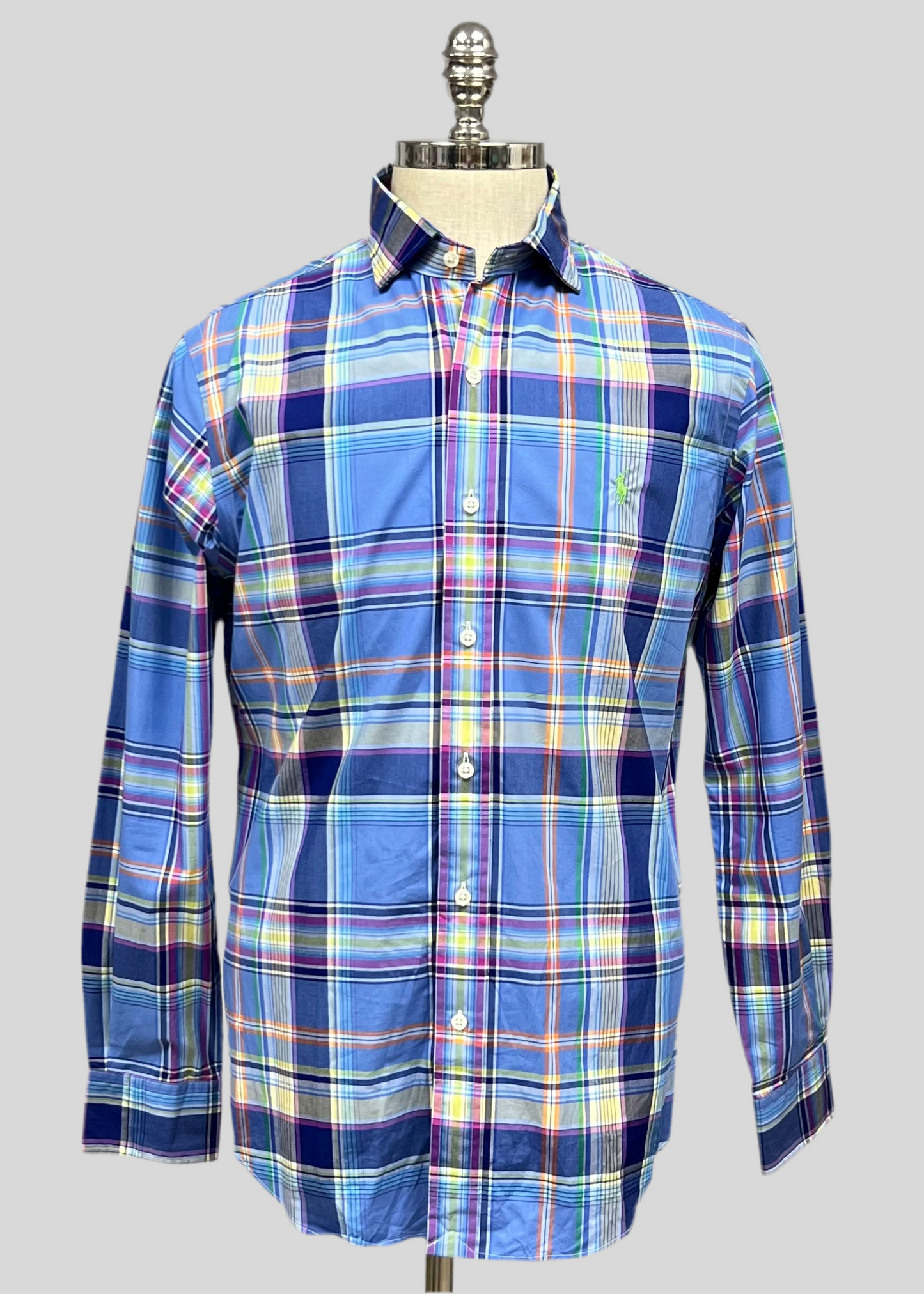 Camisa Polo Ralph Lauren 🏇🏼 con patrón de cuadros tartán azul, celeste y naranja Talla L Entalle Regular