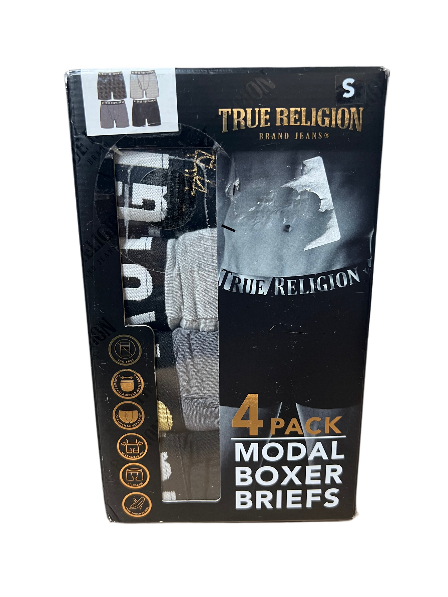 Paquete de 4 Boxers Briefs True Religion 👖 Tela de algodón modal color Negro, gris y diseño de logo Talla S