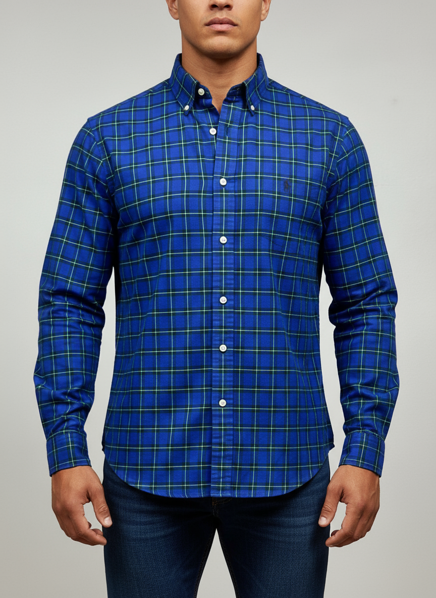 Camisa Polo Ralph Lauren 🏇🏼 color azul con patron de cuadros amarillo y verde Talla L Entalle Custom Fit