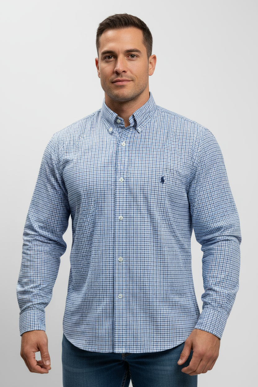 Camisa Polo Ralph Lauren 🏇🏼 color blanco con patron de cuadros en celeste y azul navy Talla XL Entalle Regular