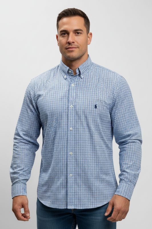 Camisa Polo Ralph Lauren 🏇🏼 color blanco con patron de cuadros en celeste y azul navy Talla XL Entalle Regular