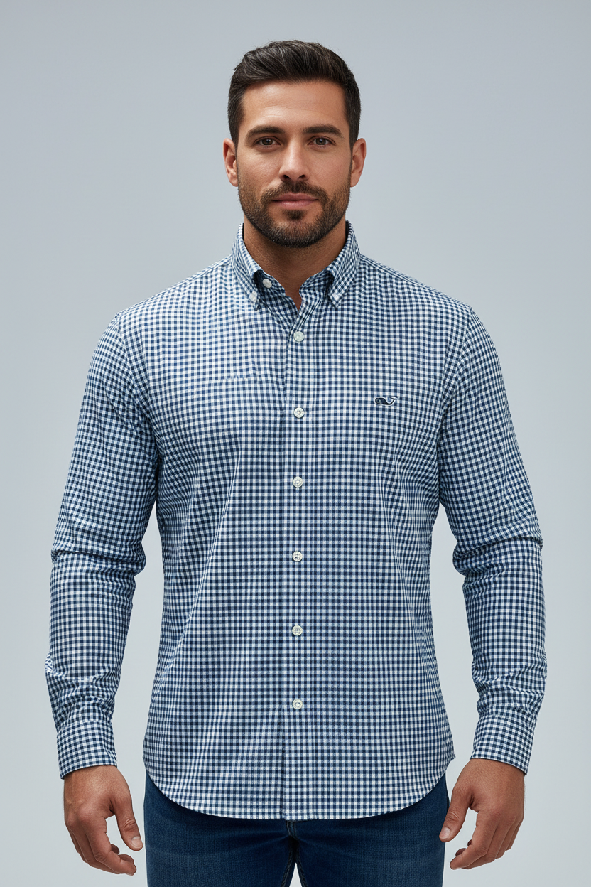 Camisa Vineyard Vines 🐳 Performance de cuadros gingham en color azul navy y blanco Talla M Entalle Clásico