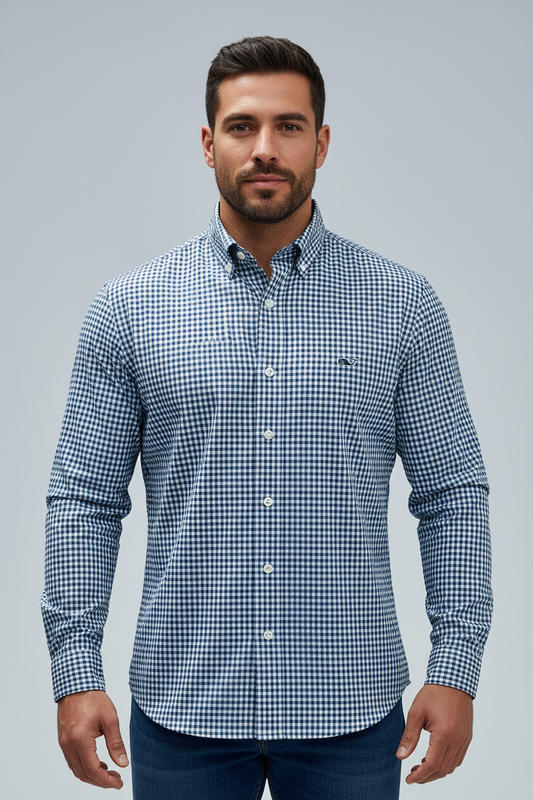 Camisa Vineyard Vines 🐳 Performance de cuadros gingham en color azul navy y blanco Talla M Entalle Clásico