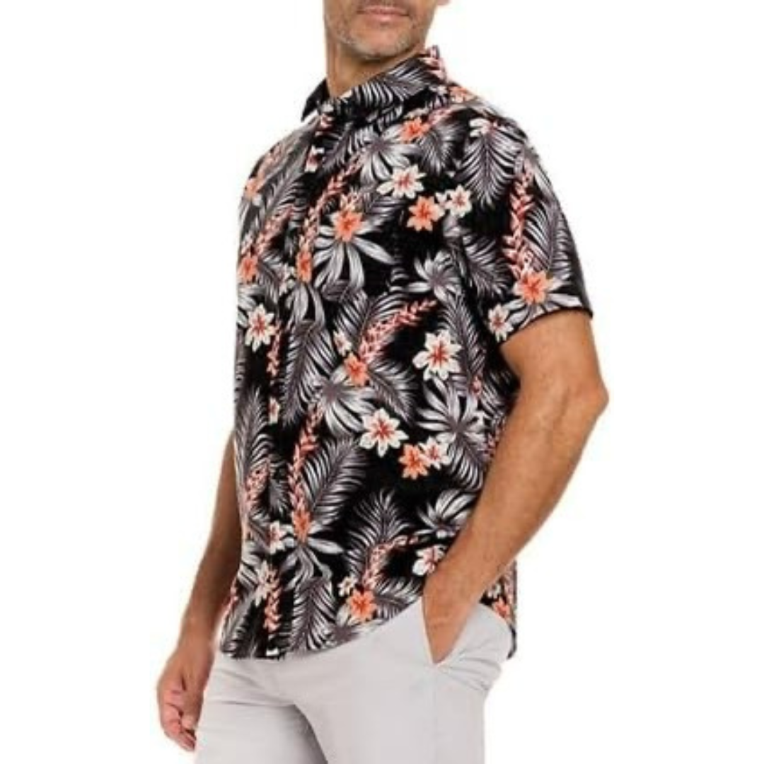 Camisa de botones Hurley 🏄🏽‍♂️ color negro con diseño de flores Talla L Entalle Regular