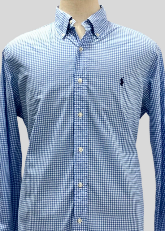 Camisa Polo Ralph Lauren 🏇🏼 con patron de cuadros gingham celeste y blanco Talla L Entalle Clásico