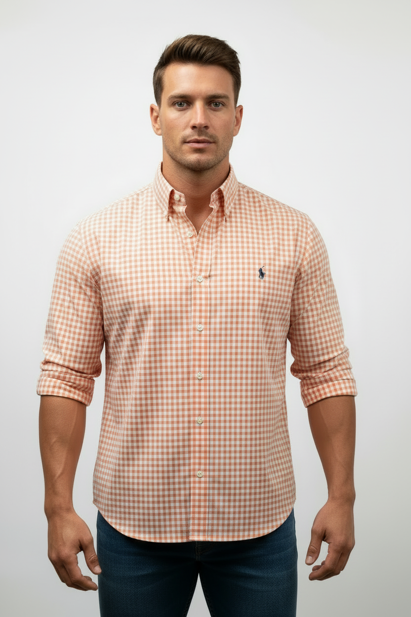 Camisa de botones Polo Ralph Lauren 🏇🏼 con patron de cuadros gingham naranja y blanco Talla M Entalle Regular