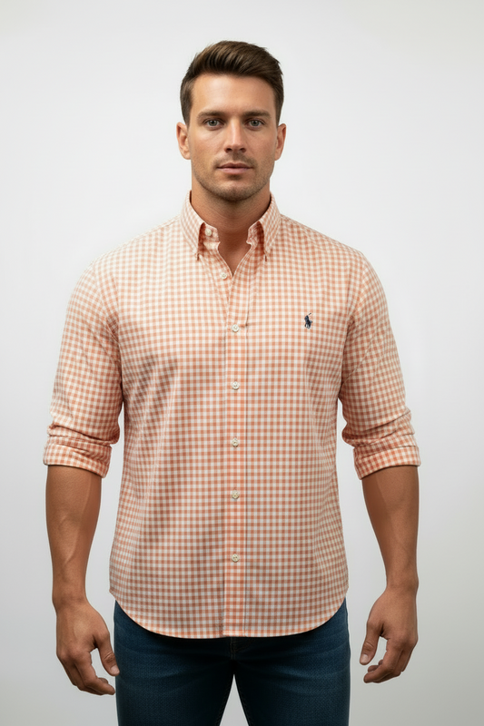 Camisa de botones Polo Ralph Lauren 🏇🏼 con patron de cuadros gingham naranja y blanco Talla M Entalle Regular