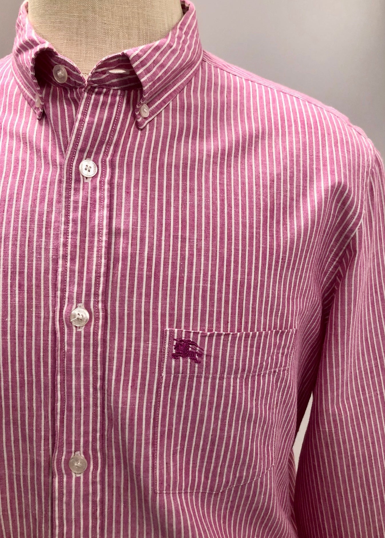Camisa de botones Burberry 🇬🇧 de Lino de rayas en color rosado y blanco Talla XL Entalle Regular