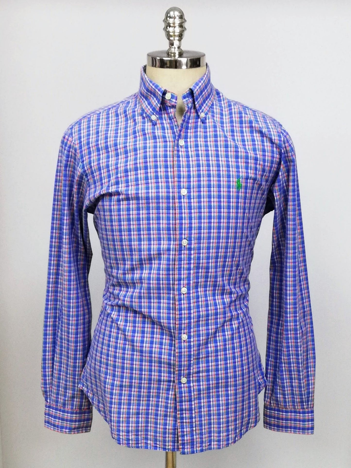 Camisa Polo Ralph Lauren 🏇🏼 color azul con patron de cuadros naranja, verde y blanco Talla M Entalle Slim Fit
