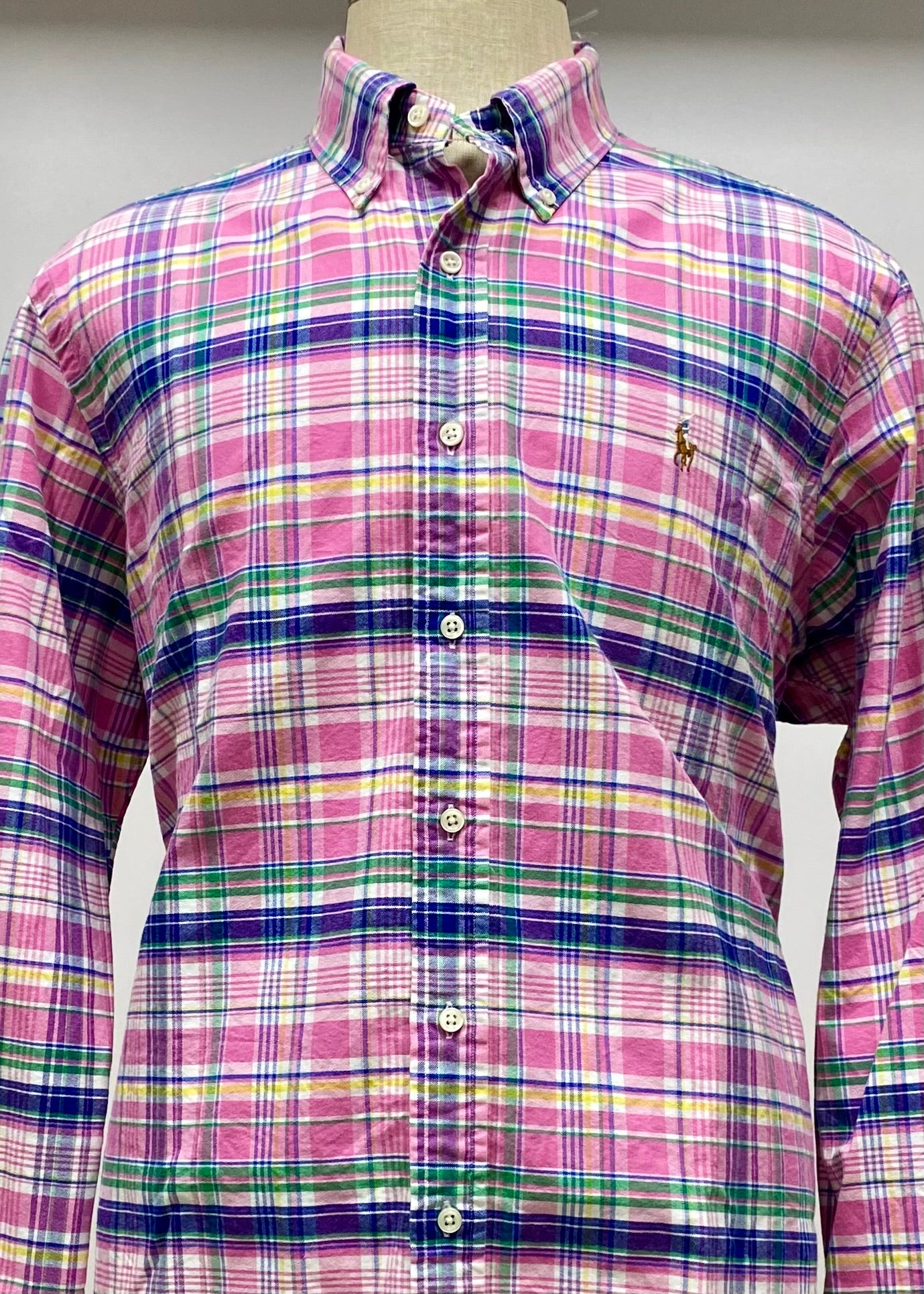 Camisa Polo Ralph Lauren 🏇🏼 Oxfod con patron de cuadros tartán en rosado, azul y blanco Talla XL Entalle Regular