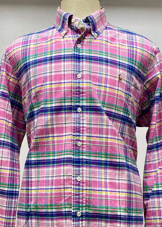 Camisa Polo Ralph Lauren 🏇🏼 Oxfod con patron de cuadros tartán en rosado, azul y blanco Talla XL Entalle Regular