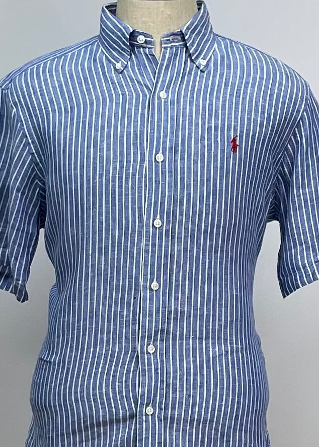 Camisa Polo Ralph Lauren 🏇🏼 de Lino con patron de rayas en color azul y blanco Talla L Entalle Clásico