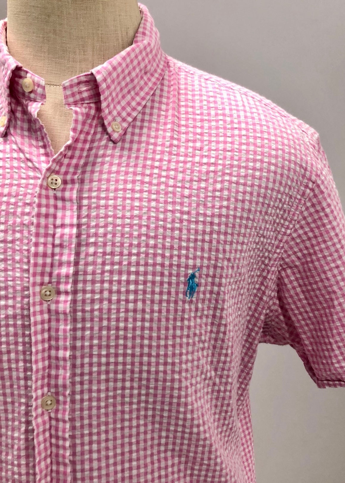 Camisa de botones Polo Ralph Lauren 🏇🏼 Seersucker de cuadros gingham en rosado y blanco Talla XL Entalle Regular