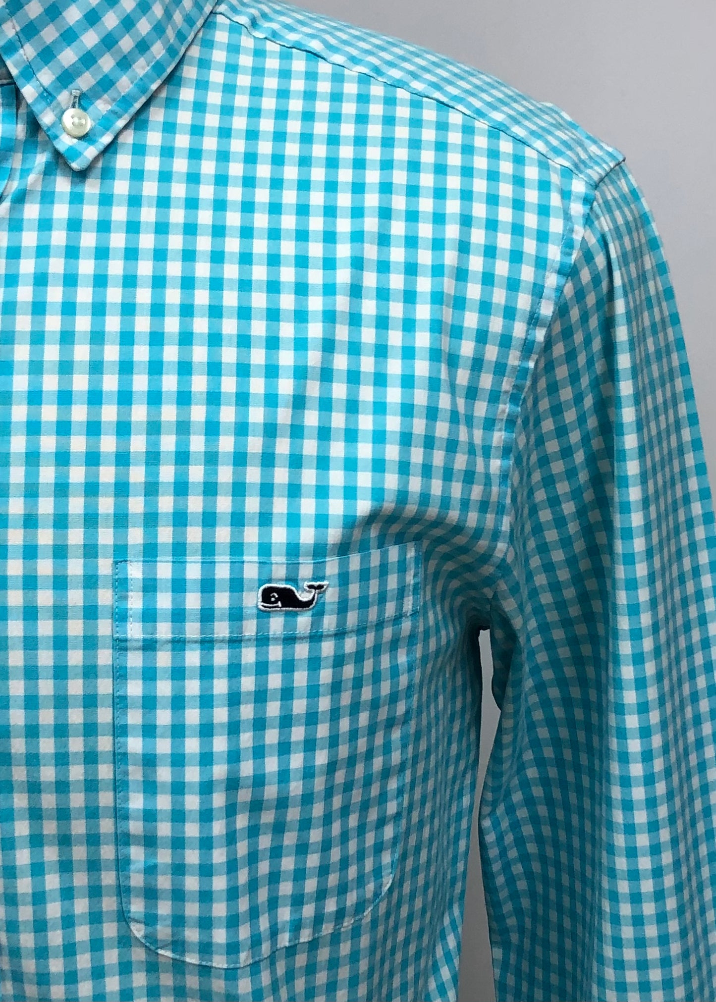 Camisa Vineyard Vines 🐳 con patron de cuadros gingham turquesa y blanco Talla M Entalle Clásico