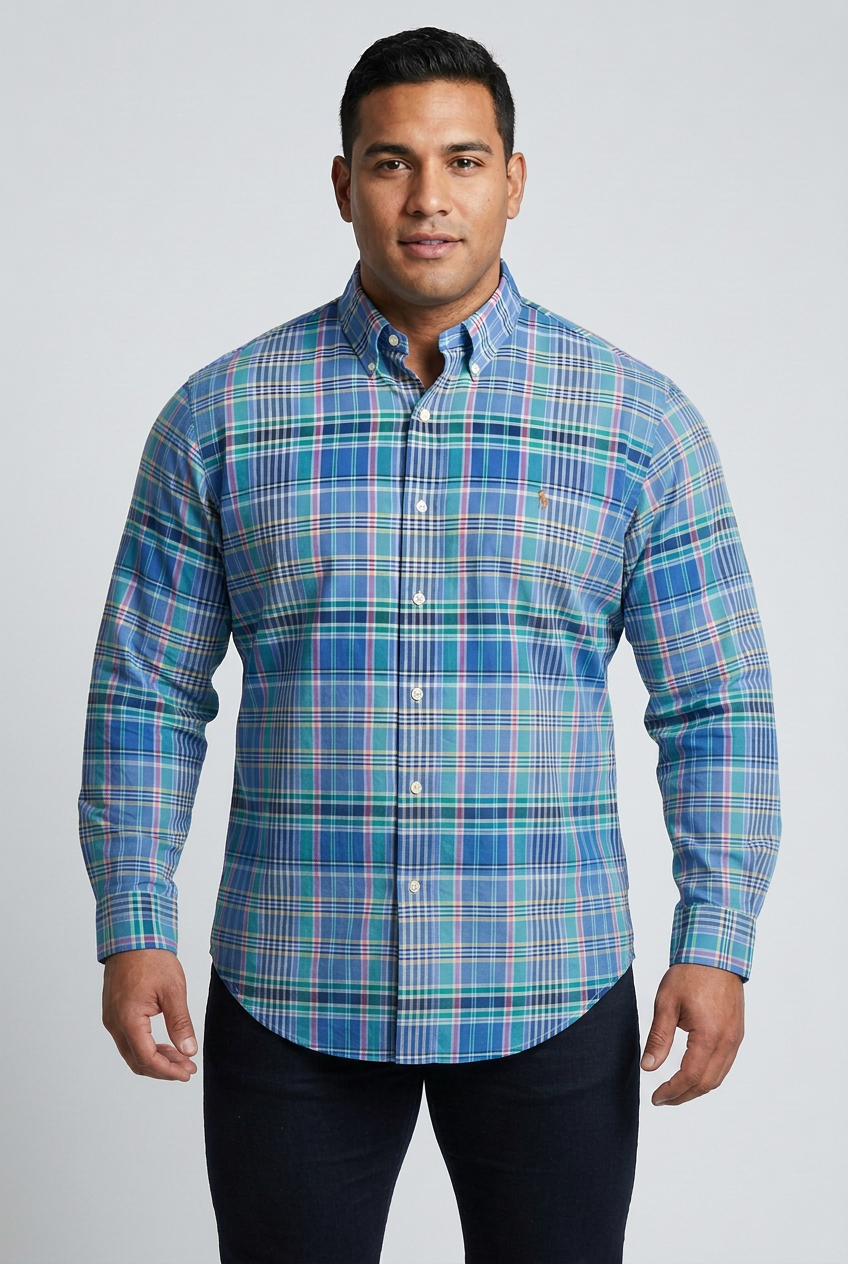 Camisa de botones Polo Ralph Lauren 🏇🏼 Oxford color blanco de cuadros azul, verde y amarillo Talla XL Entalle Regular