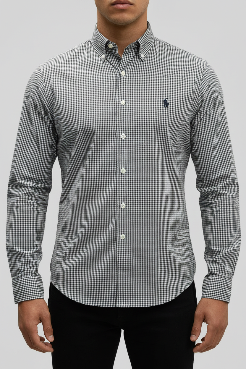 Camisa Polo Ralph Lauren 🏇🏼 con patron de cuadros finos negro y blanco Talla S Entalle Regular