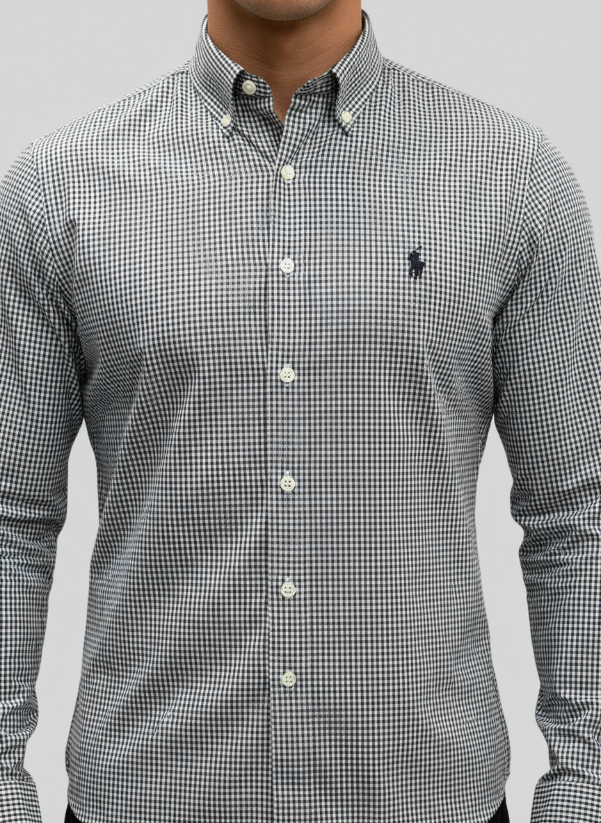 Camisa Polo Ralph Lauren 🏇🏼 con patron de cuadros finos negro y blanco Talla S Entalle Slim Fit