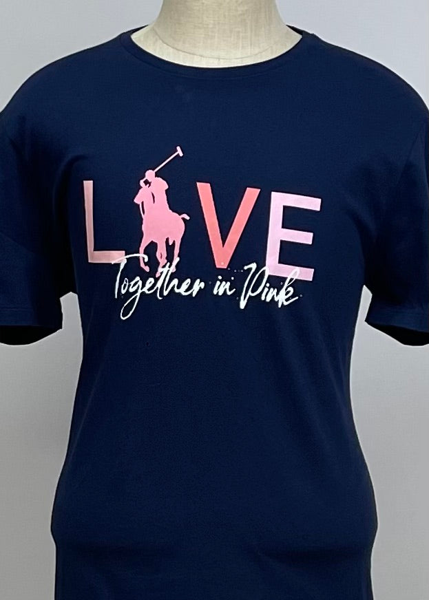 Camiseta cuello redondo de mujer Polo Ralph Lauren 🏇🏼 color azul navy con diseño de logo Love en rosado Talla XL Entalle Custom Slim Fit