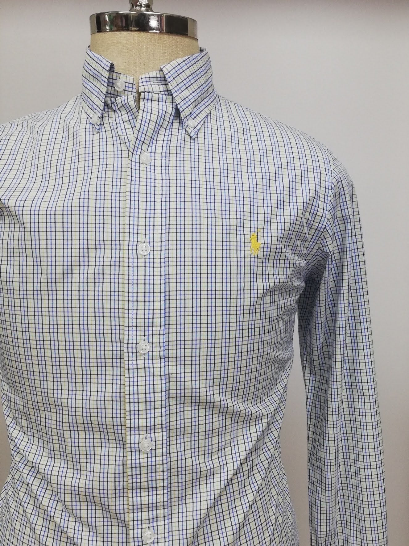 Camisa Polo Ralph Lauren 🏇🏼 color blanco con patrón de cuadros amarillo, azul y negro Talla M Entalle Slim Fit