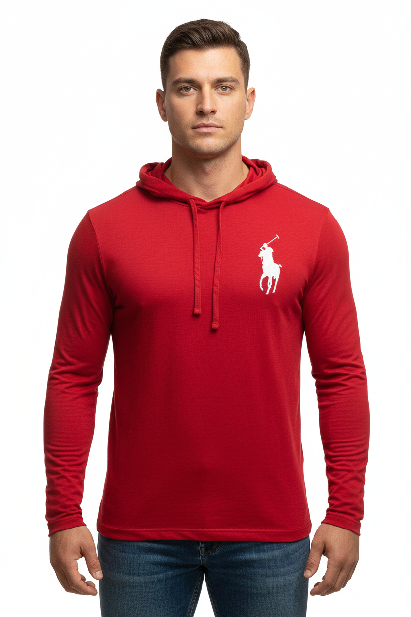 Sueter Jersey con capucha Polo Ralph Lauren 🏇🏼 color rojo con diseño big pony en blanco Talla L