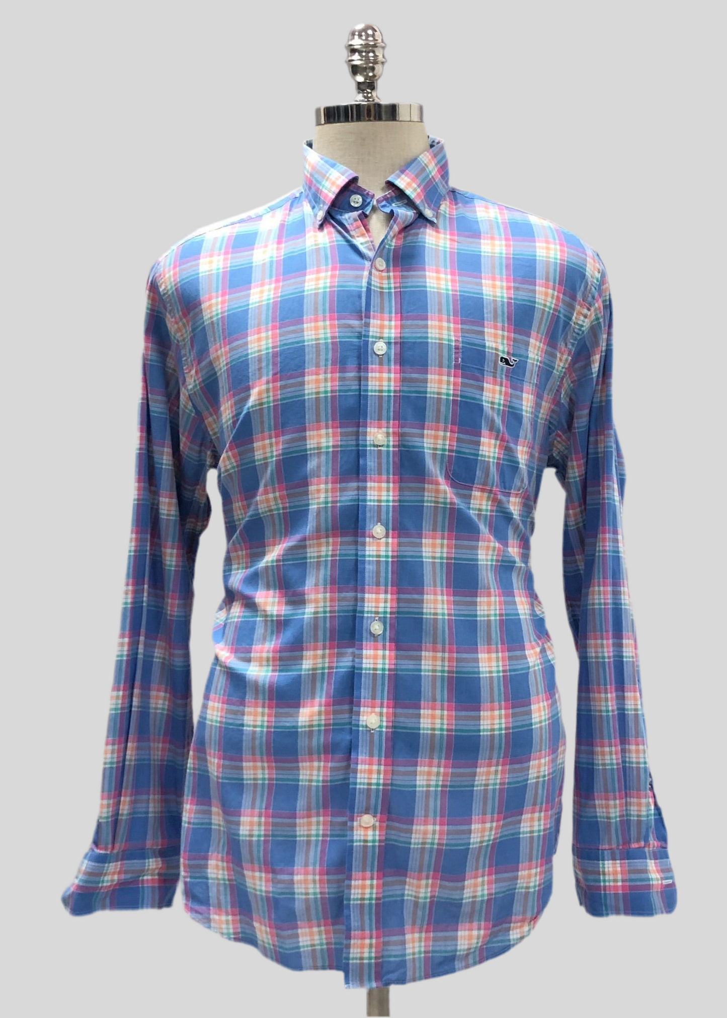 Camisa de botones Vineyard Vines 🐳 color azul de cuadros tartán en color rosado, naranja y blanco Talla L Entalle Slim Fit