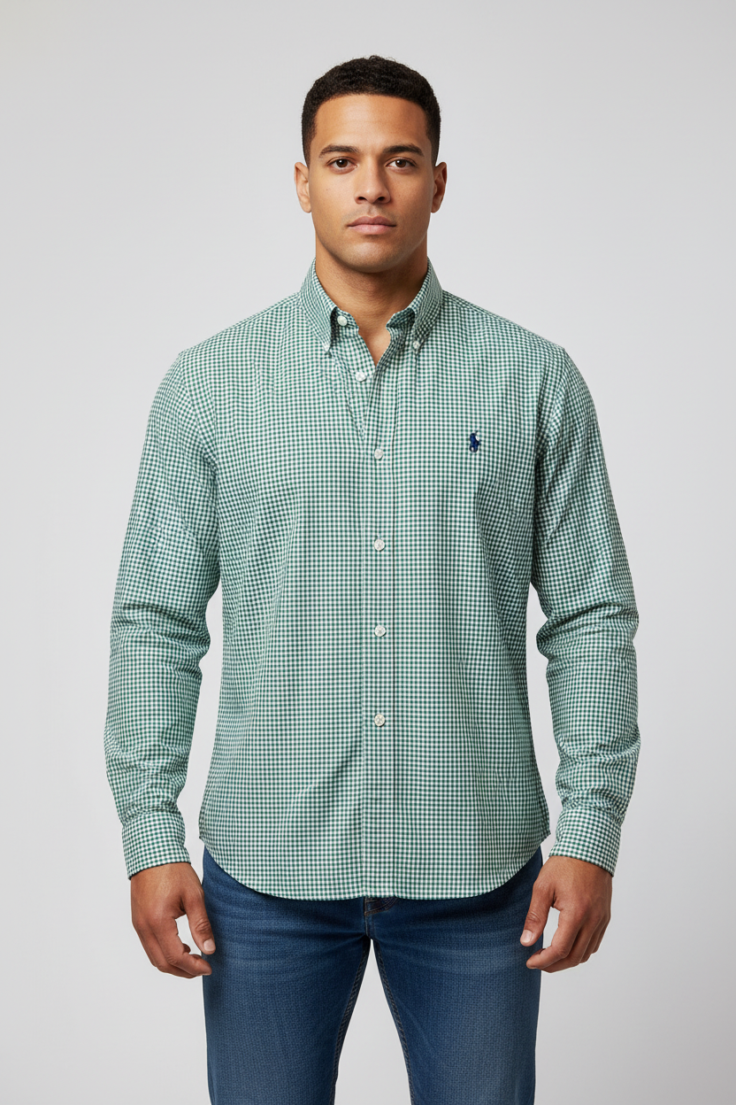 Camisa de botones Polo Ralph Lauren 🏇🏼 con patrón de cuadros gingham verde oscuro y blanco Talla XL Entalle Regular