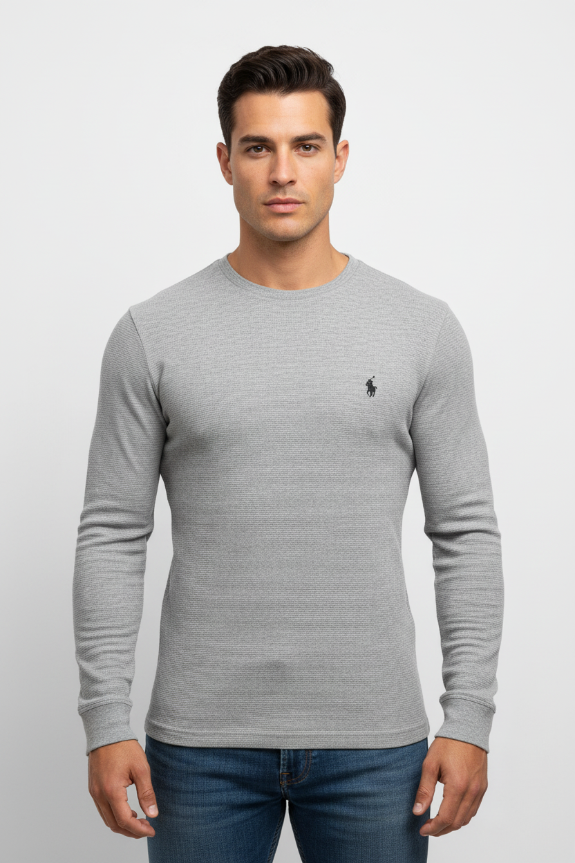 Camiseta cuello redondo Polo Ralph Lauren 🏇🏼 Waffle color gris claro manga larga Talla L