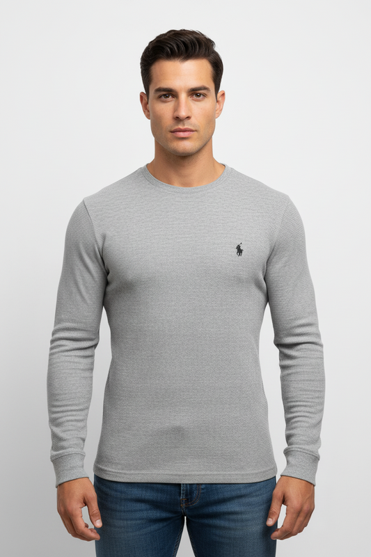 Camiseta cuello redondo Polo Ralph Lauren 🏇🏼 Waffle color gris claro manga larga Talla L