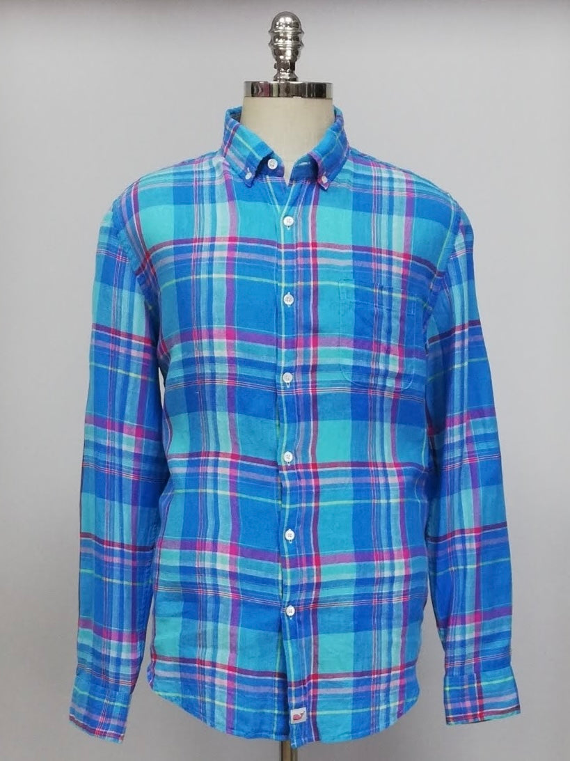 Camisa de botones Vineyard Vines 🐳 De Lino color turquesa con patrón de cuadros en azul y rosado Talla L Entalle Slim Fit