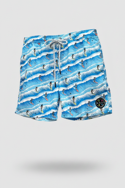 Short de baño Maui and sons 🏄🏽‍♂️ color azul con diseño de surfistas talla L