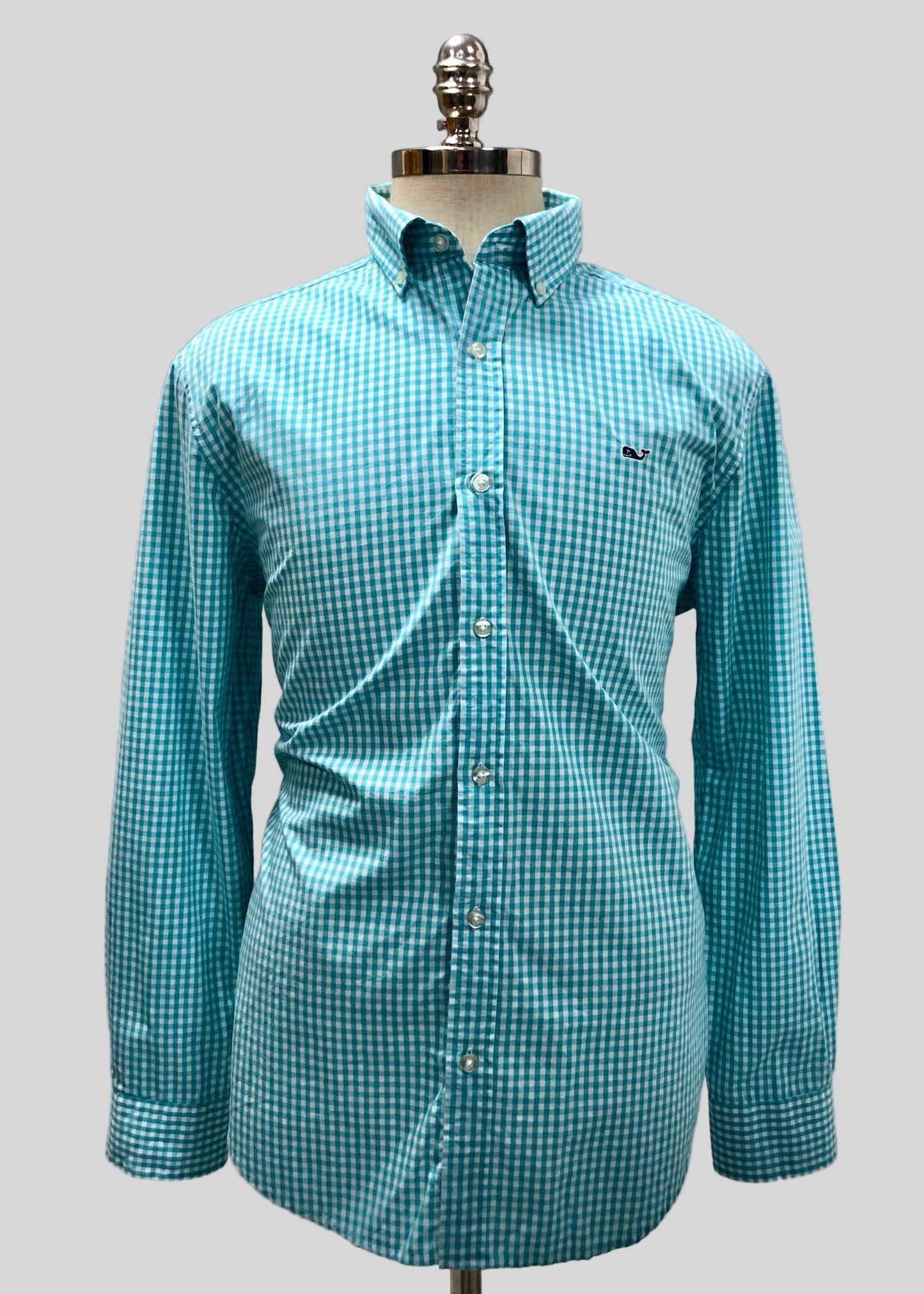 Camisa de botones Vineyard Vines 🐳 de cuadros gingham en color turquesa claro y blanco Talla L Entalle Regular