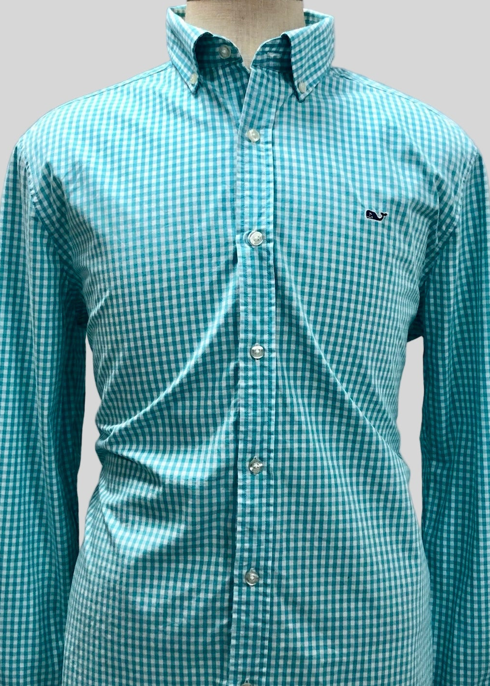 Camisa de botones Vineyard Vines 🐳 de cuadros gingham en color turquesa claro y blanco Talla L Entalle Regular