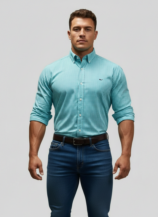 Camisa de botones Vineyard Vines 🐳 de cuadros gingham en color turquesa claro y blanco Talla L Entalle Regular