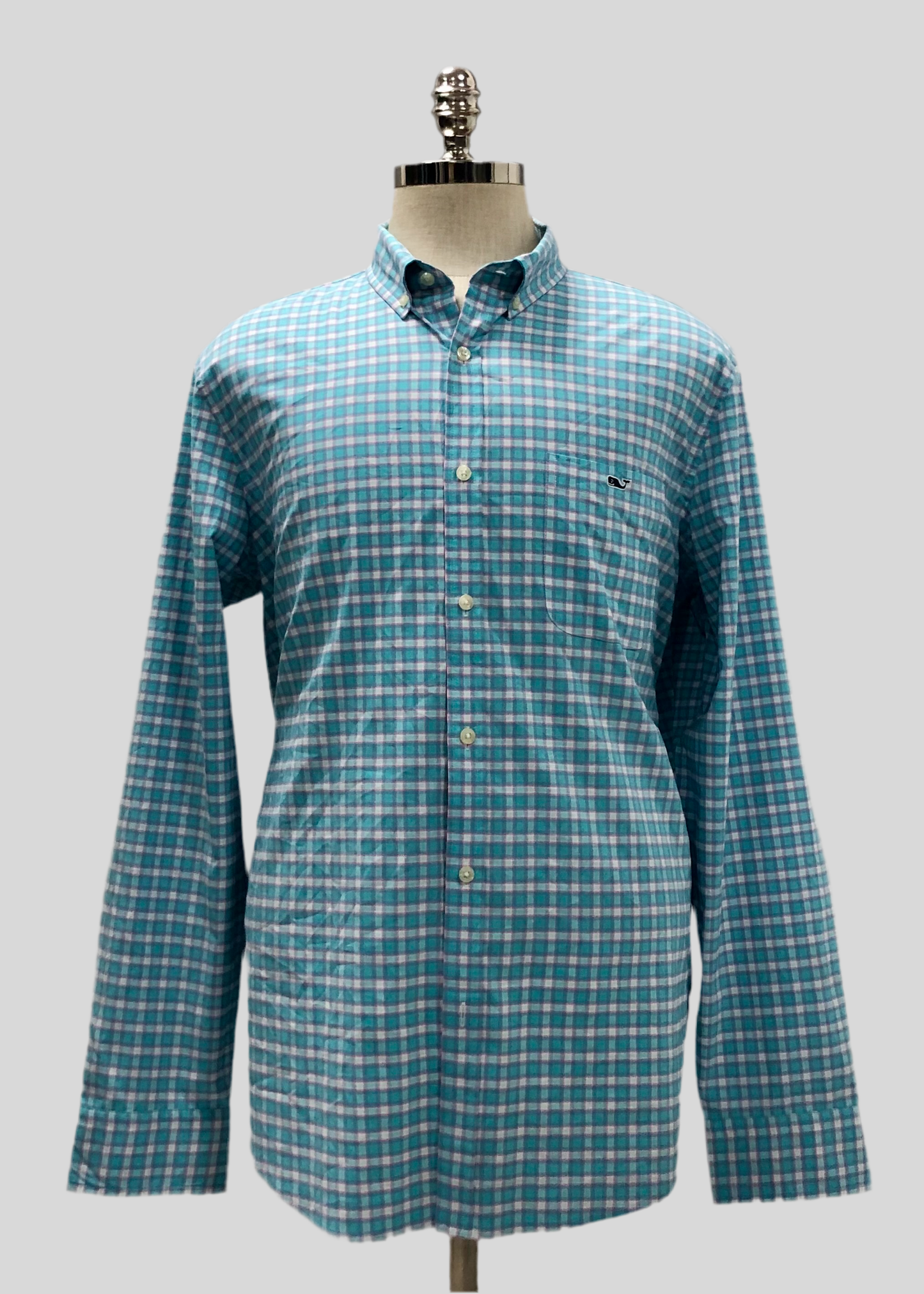 Camisa de botones Vineyard Vines 🐳 Performance con patrón de cuadros en color rosado, turquesa y blanco Talla XL Entalle Regular