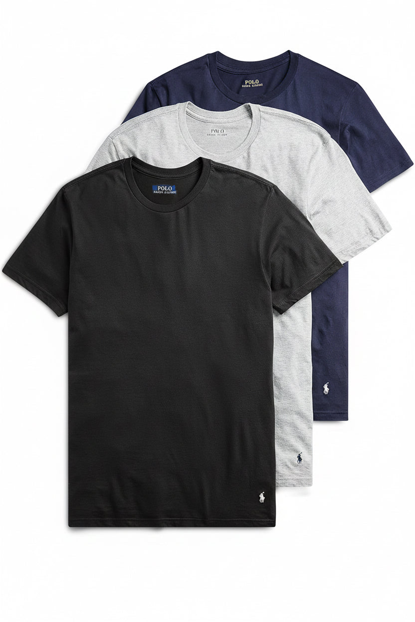 Paquete de 3 Camiseta Interior Polo Ralph Lauren 🏇🏼 Cuello redondo Tela algodón color negro, azul navy y gris Talla M