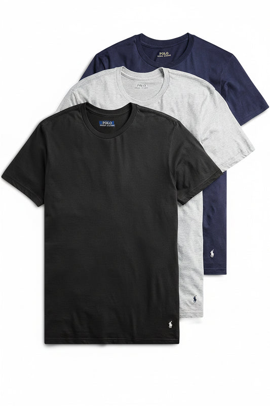 Paquete de 3 Camiseta Interior Polo Ralph Lauren 🏇🏼 Cuello redondo Tela algodón color negro, azul navy y gris Talla M