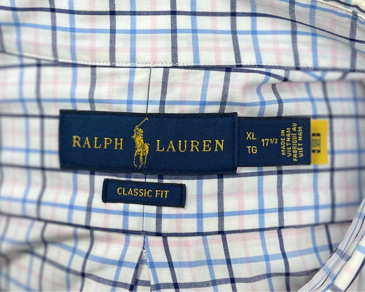 Camisa Polo Ralph Lauren 🏇🏼 color blanco con patrón de cuadros azul y rosado Talla XL Entalle Clásico