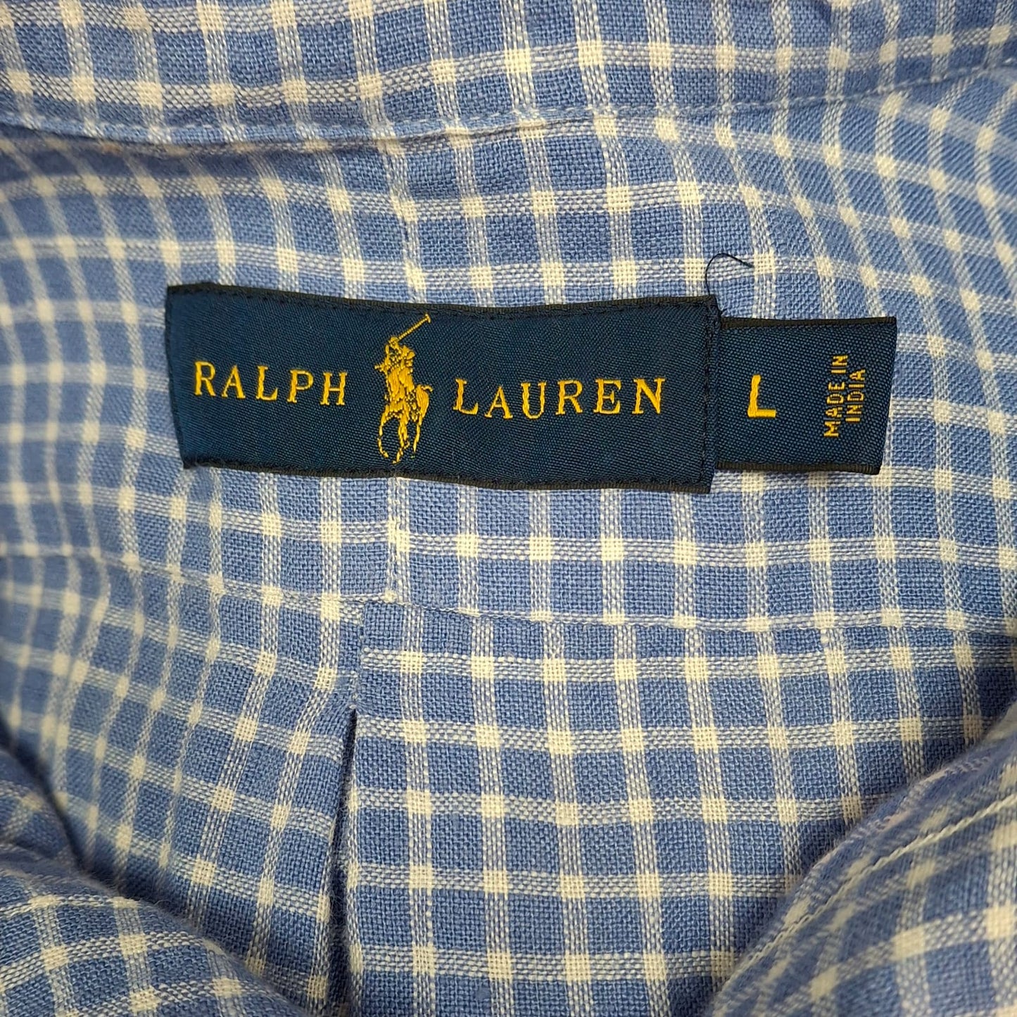 Camisa Polo Ralph Lauren 🏇🏼 de Lino con patron de cuadros en color azul y blanco Talla L Entalle Regular