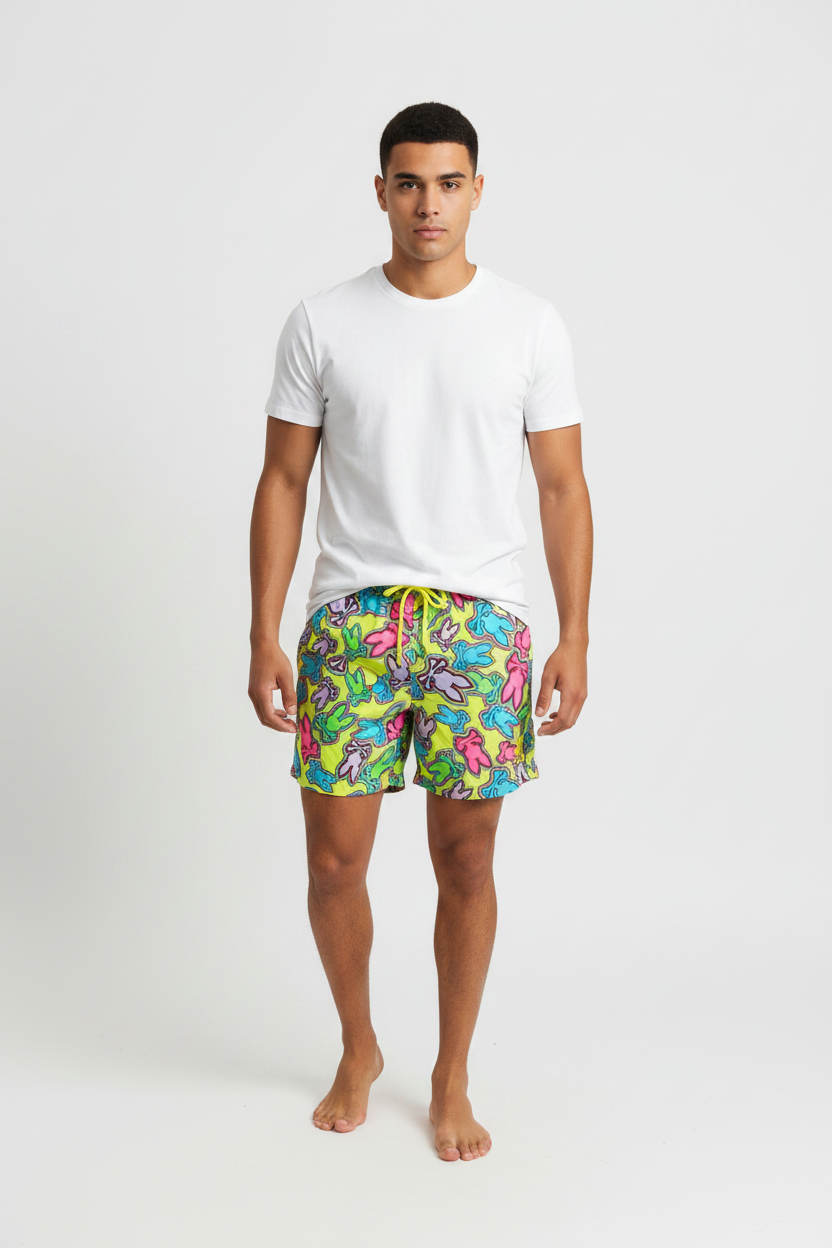 Short de baño de niño Psycho Bunny 🐰  color verde neón con diseño de logos Talla XL