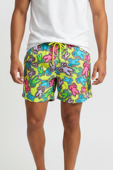 Short de baño de niño Psycho Bunny 🐰  color verde neón con diseño de logos Talla XL