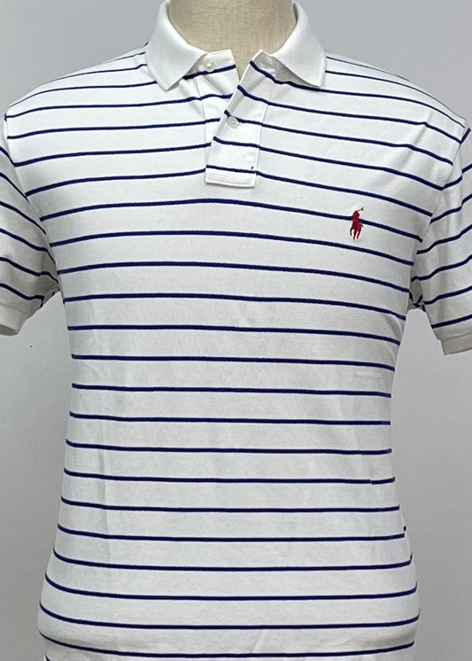 Camiseta Polo Ralph Lauren 🏇🏼 color blanco con diseño de rayas en azul oscuro Talla L Entalle Custom Fit