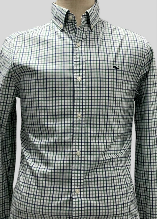 Camisa Vineyard Vines 🐳 color blanco con cuadros en color gris, verde y azul Talla S entalle clásico